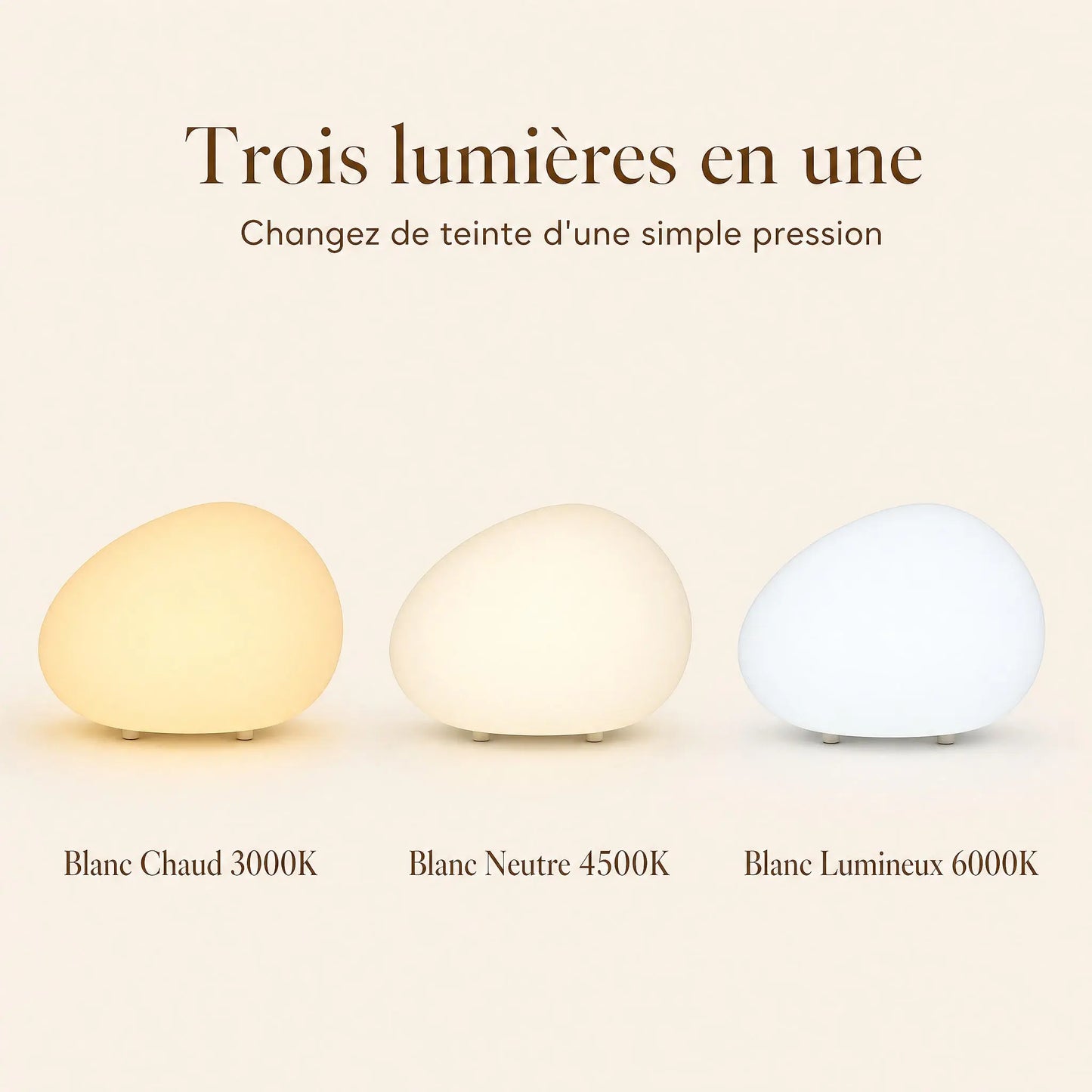 Les trois températures de lumière de la lampe Sassolia : blanc chaud, neutre et lumineux | Delvanie