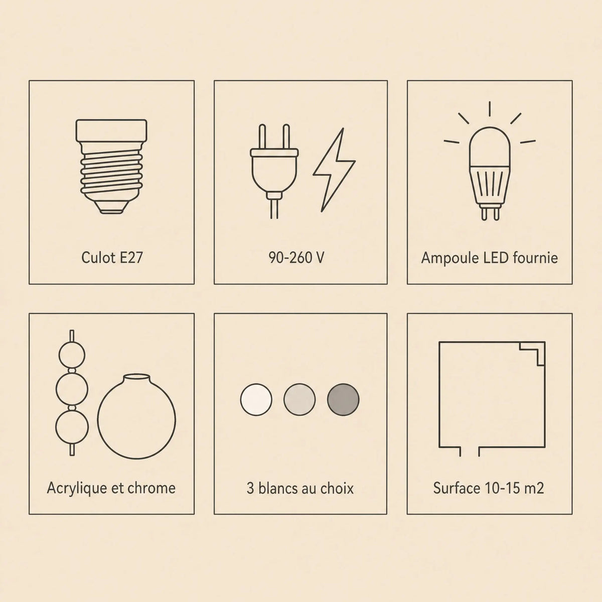 Caractéristiques de la suspension art déco, culot E27, voltage et ampoule LED fournie | Delvanie