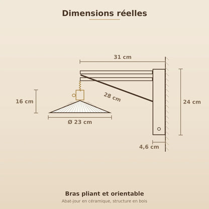 Schéma coté de l'applique murale, abat-jour 23 cm, bras 31 cm, platine murale 24 cm | Delvanie