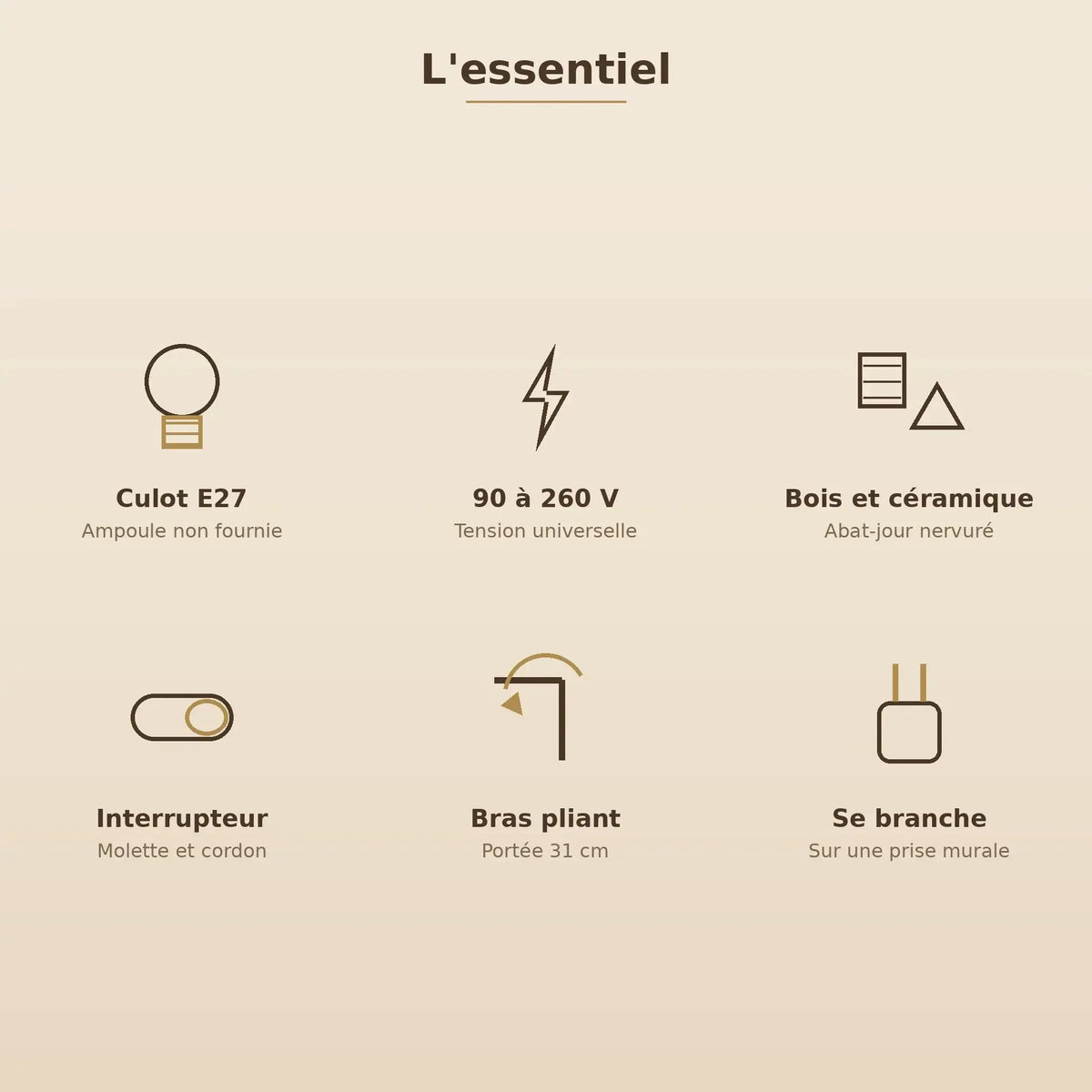 Caractéristiques de l'applique murale, culot E27, 90 à 260 V, bois et céramique | Delvanie