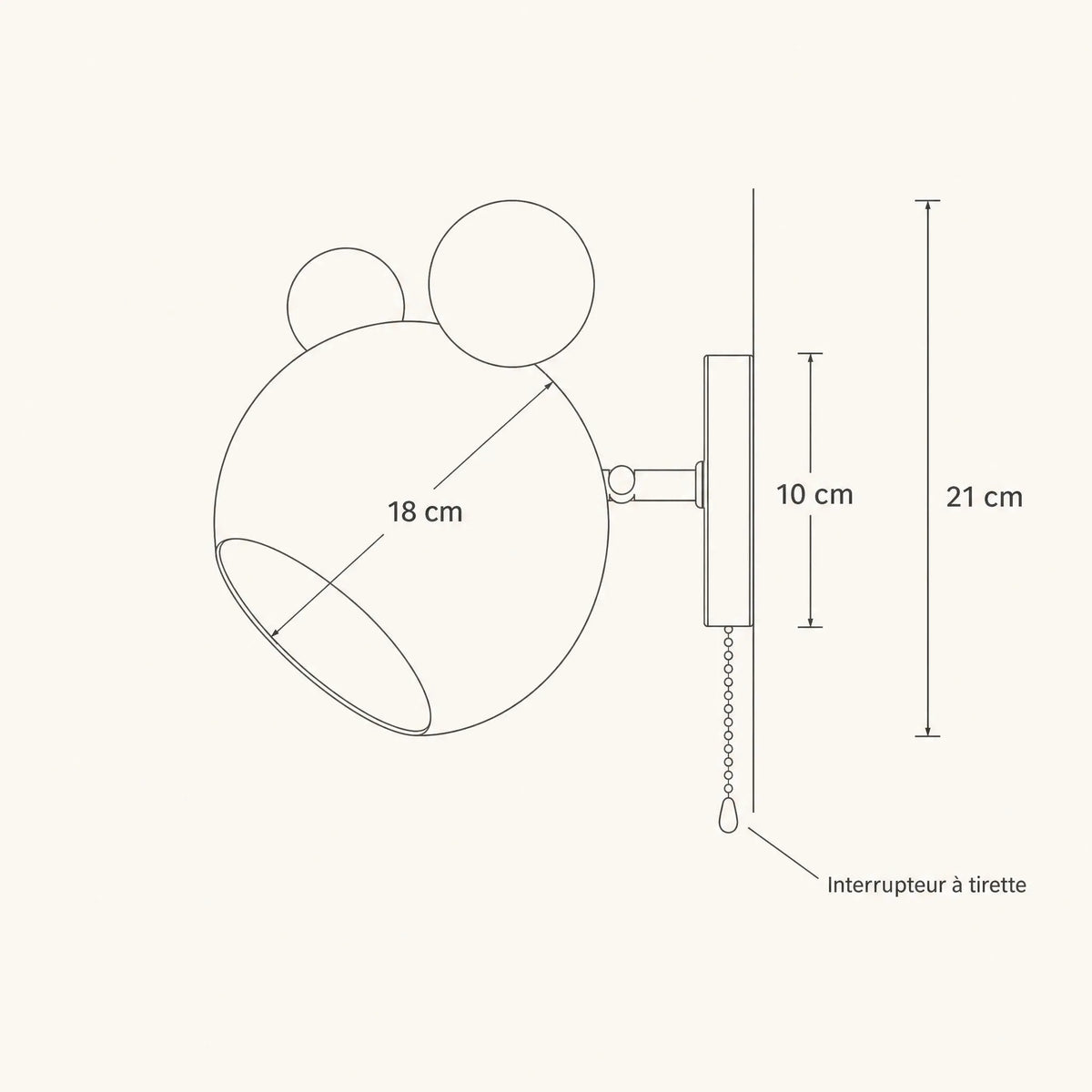 Schéma coté de l'applique murale Nemuria, hauteur 21 cm, globe 18 cm, platine 10 cm | Delvanie