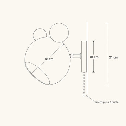 Schéma coté de l'applique murale Nemuria, hauteur 21 cm, globe 18 cm, platine 10 cm | Delvanie