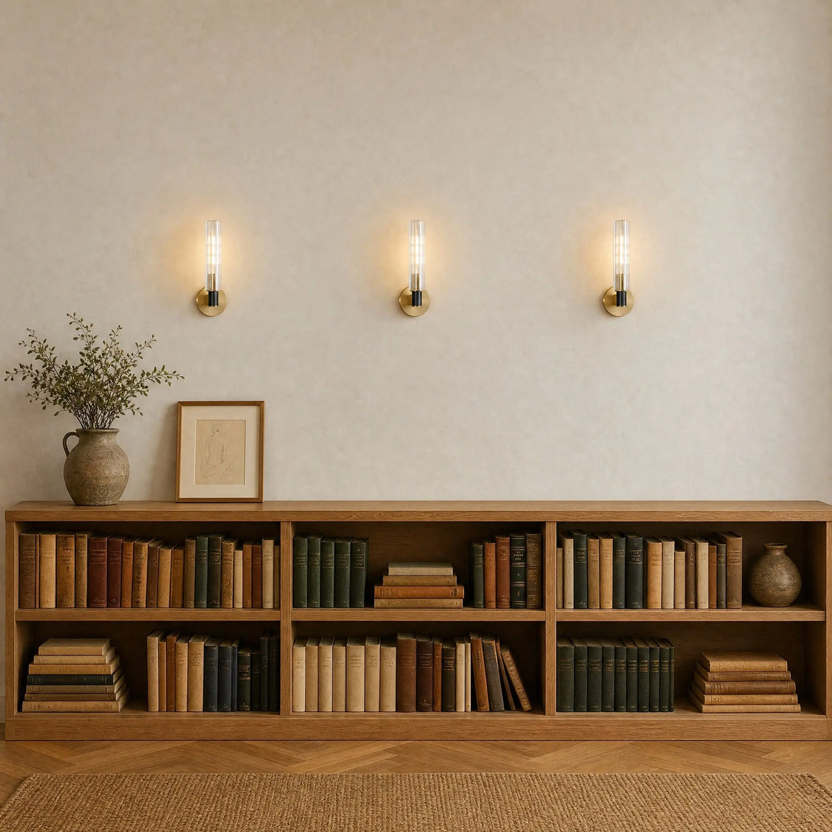 Trois appliques murales cristal alignées et allumées au-dessus d'un rayonnage de chêne, couloir bibliothèque | Delvanie