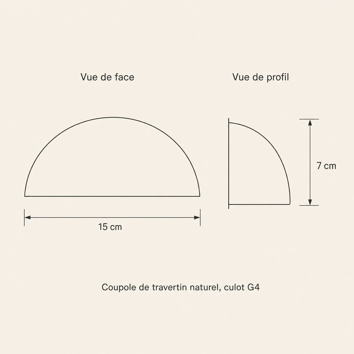Schéma coté de l'applique murale demi-lune, 15 cm de large et 7 cm de haut | Delvanie
