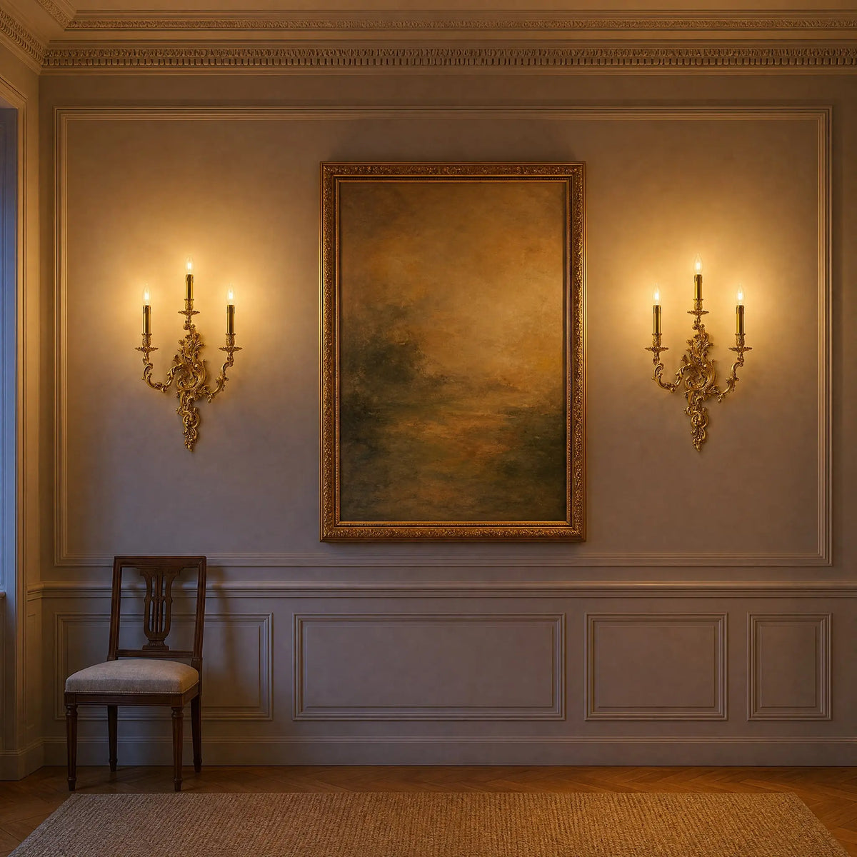 Paire d'appliques murales dorées allumées de part et d'autre d'un grand tableau dans une galerie à boiseries | Delvanie