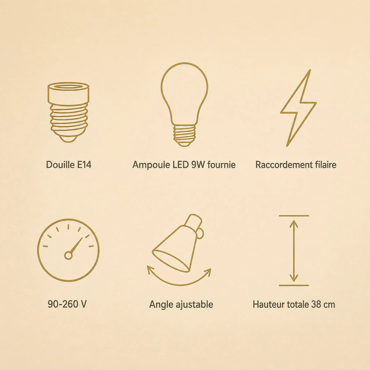 Caractéristiques de l'applique murale laiton Ottavine, douille E14 et ampoule LED fournie | Delvanie