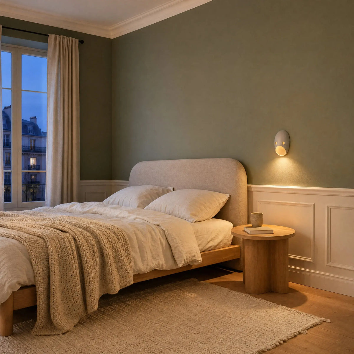 Applique murale originale allumée au-dessus d'un chevet dans une chambre vert sauge | Delvanie