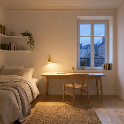 Applique murale scandinave jaune allumée au-dessus d'un bureau en bois clair, chambre au crépuscule | Delvanie