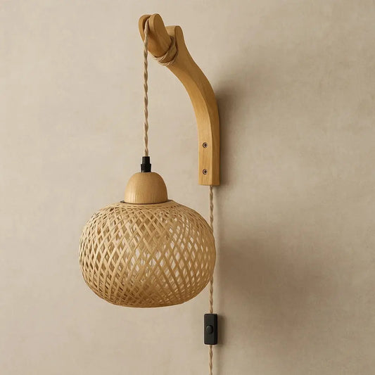 Applique Murale Bambou - Lanterne Tressée Naturelle | Bamora - Prise EU 220V |   Delvanie