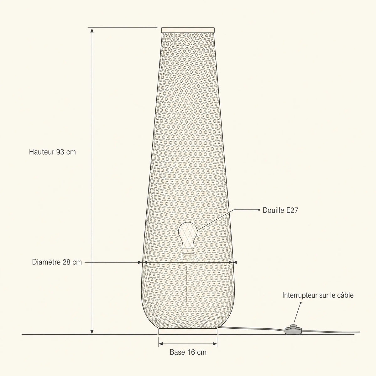 Schéma coté du lampadaire bambou Yanoki, hauteur 93 cm, diamètre 28 cm, base 16 cm, douille E27 | Delvanie