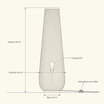 Schéma coté du lampadaire bambou Yanoki, hauteur 93 cm, diamètre 28 cm, base 16 cm, douille E27 | Delvanie