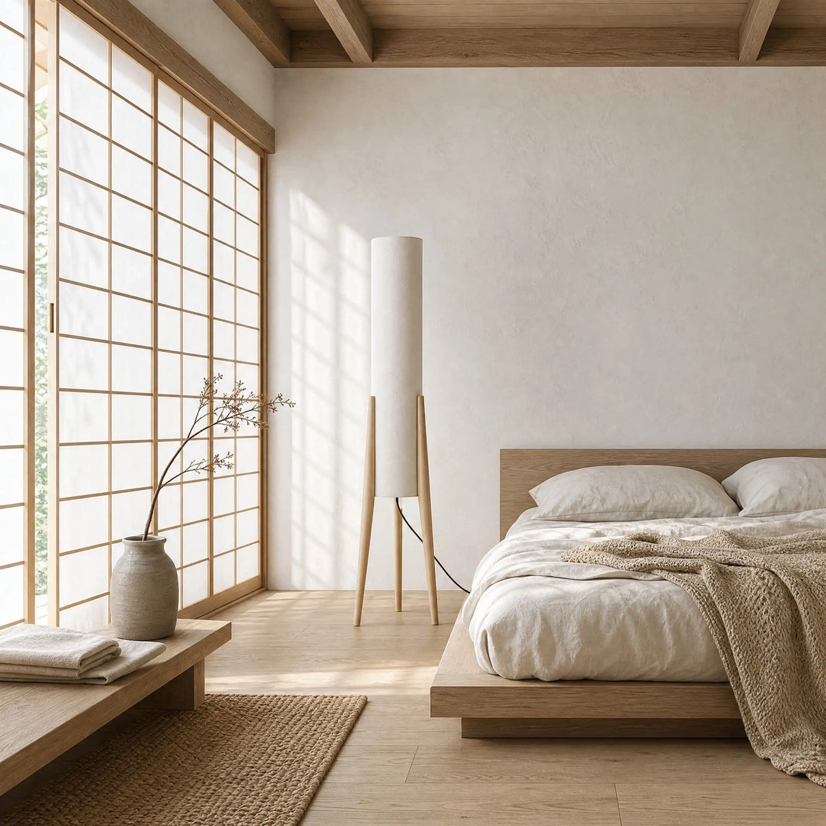 Lampadaire finition bois clair dans une chambre japandi à cloison shoji | Delvanie