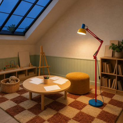 Lampadaire liseuse tricolore allumé dans une salle de jeux atelier sous verrière de toit | Delvanie