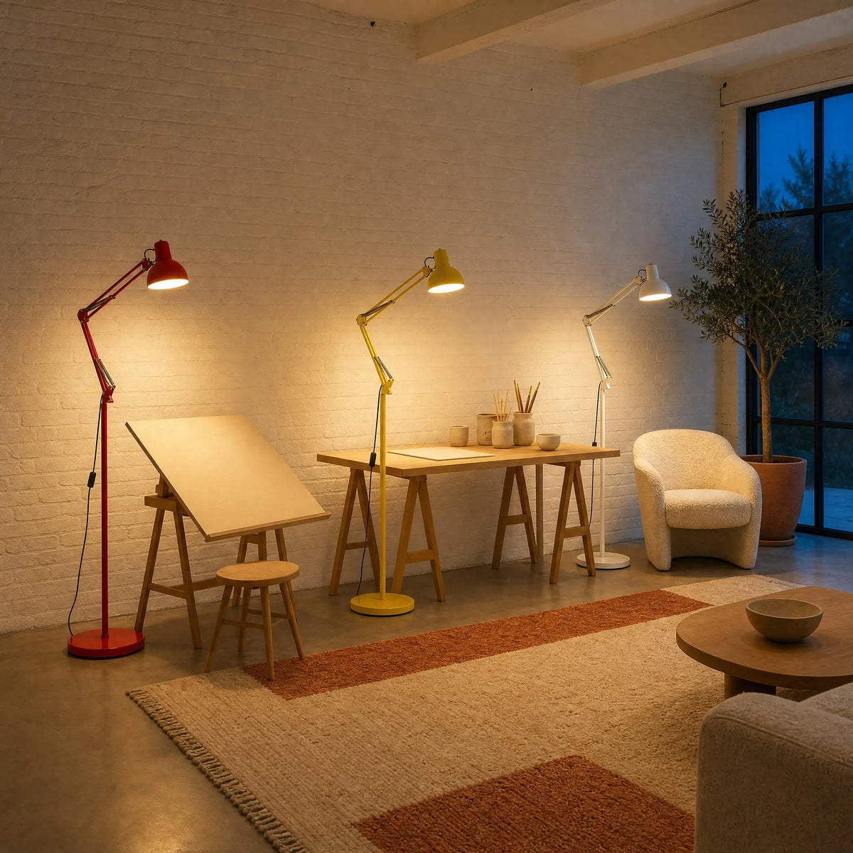 Trois lampadaires liseuse rouge jaune et blanc alignés et allumés dans un séjour atelier | Delvanie