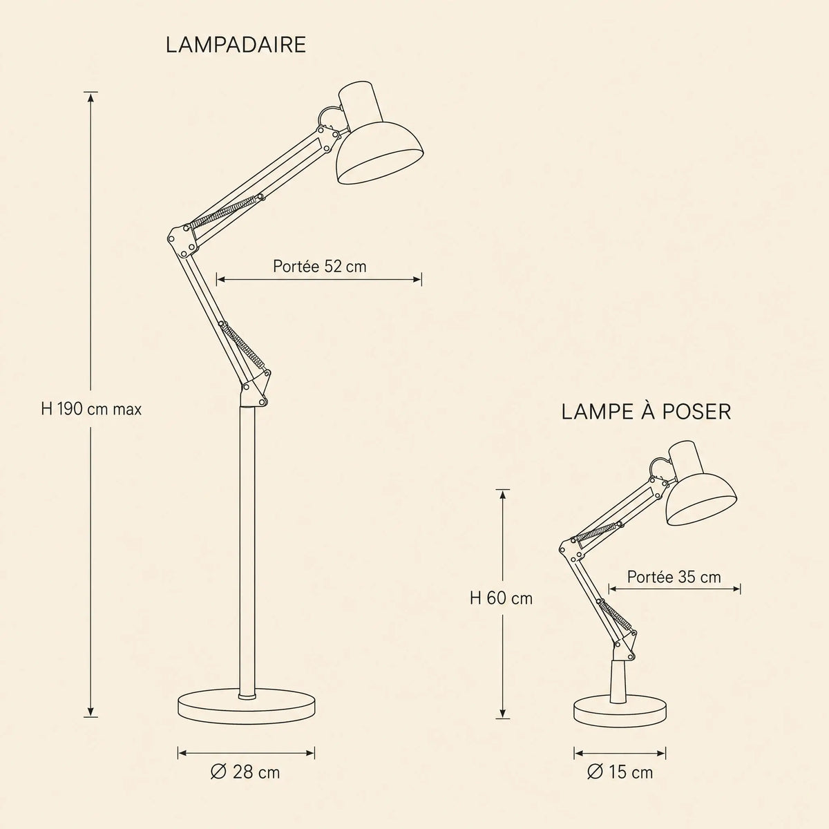 Schéma coté du lampadaire 190 cm et de la lampe à poser 60 cm | Delvanie