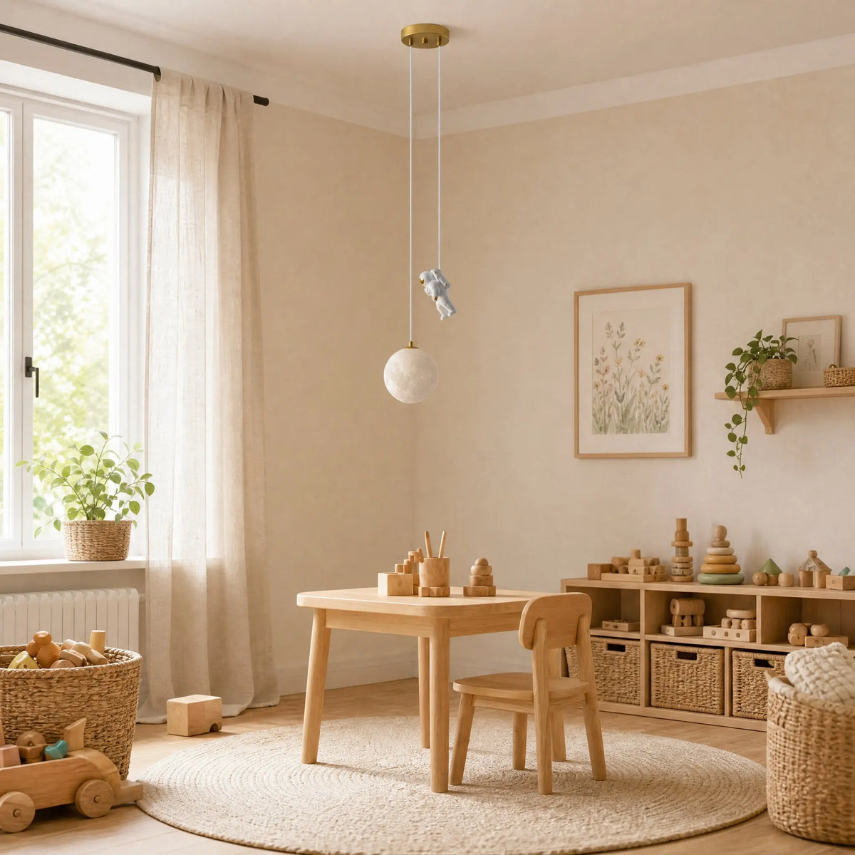 Suspension astronaute éteinte au-dessus d'une table de jeu d'enfant de jour | Delvanie