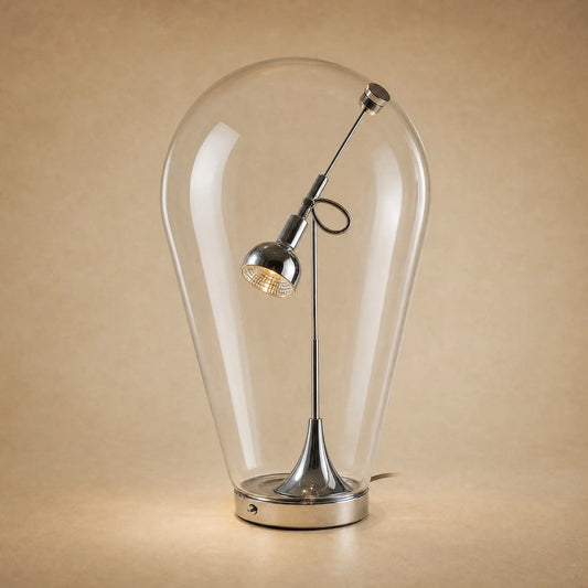 Lampe chromée sous cloche de verre soufflé, projecteur orientable à l'intérieur | Delvanie