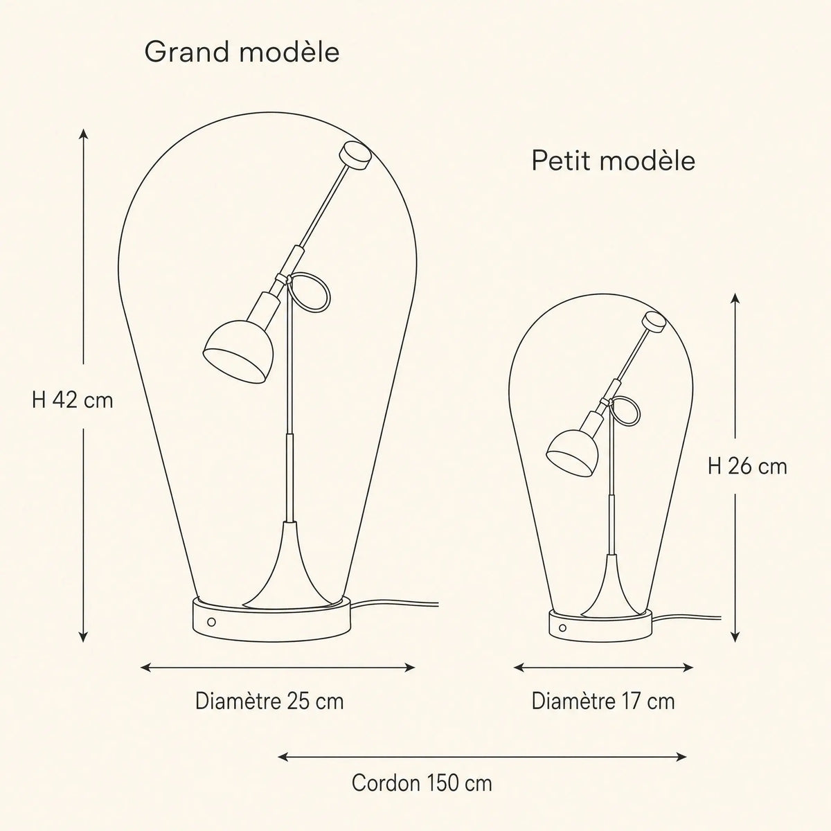 Schéma coté de la lampe chromée, grand modèle et petit modèle | Delvanie
