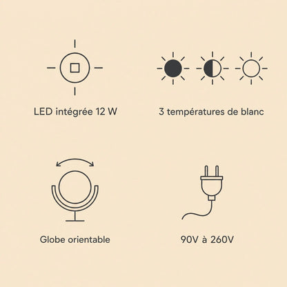 Caractéristiques de la suspension Eravia, LED intégrée 12 W, 3 températures de blanc, globe orientable, 90V à 260V | Delvanie