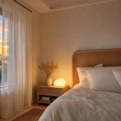 Lampe à poser galet Sassolia allumée sur un chevet en bois blanchi dans une chambre romantique au crépuscule | Delvanie