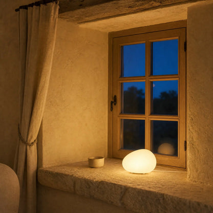 Lampe galet Sassolia 22 cm allumée sur un appui de fenêtre en pierre au soir | Delvanie