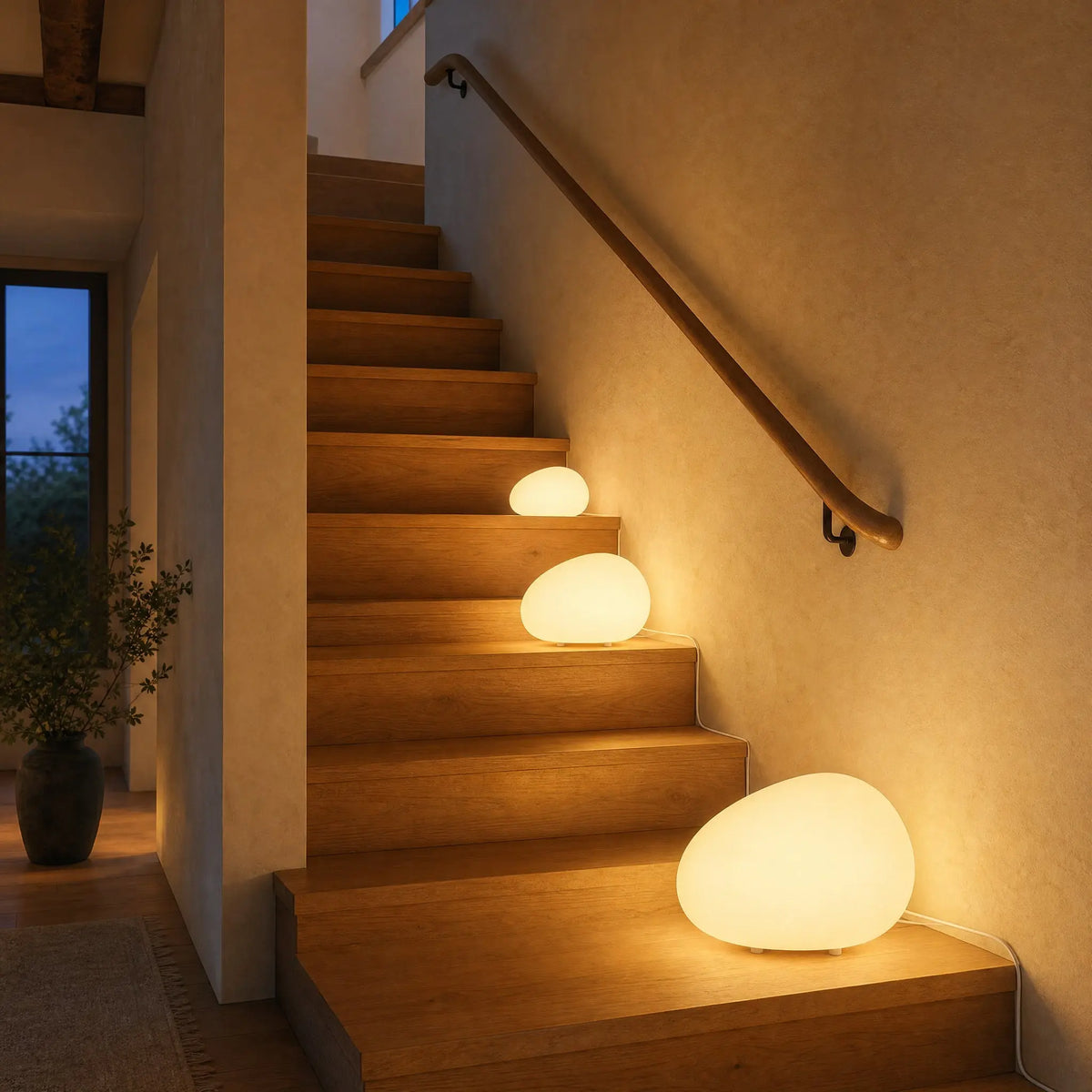 Trois lampes galet Sassolia de trois tailles allumées sur les marches d'un escalier en chêne | Delvanie