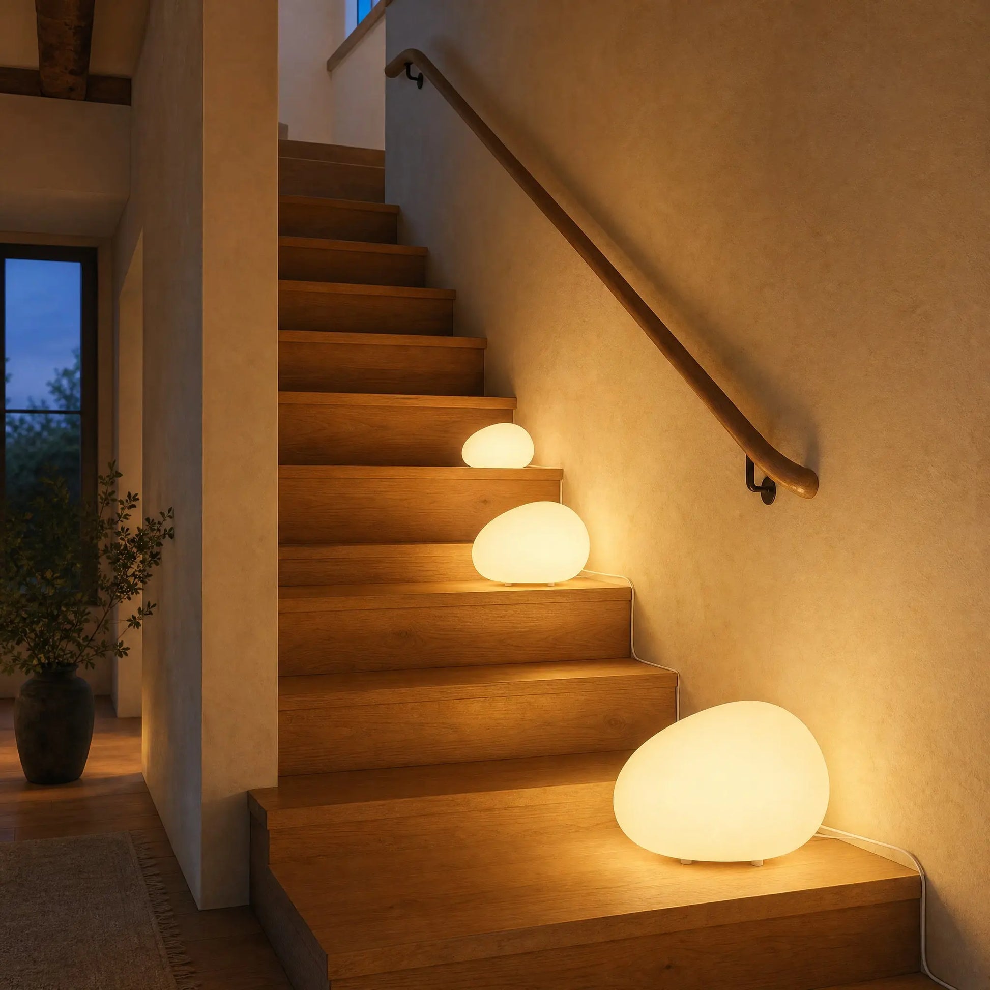 Trois lampes galet Sassolia de trois tailles allumées sur les marches d'un escalier en chêne | Delvanie