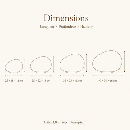 Schéma coté des quatre tailles de la lampe à poser Sassolia | Delvanie