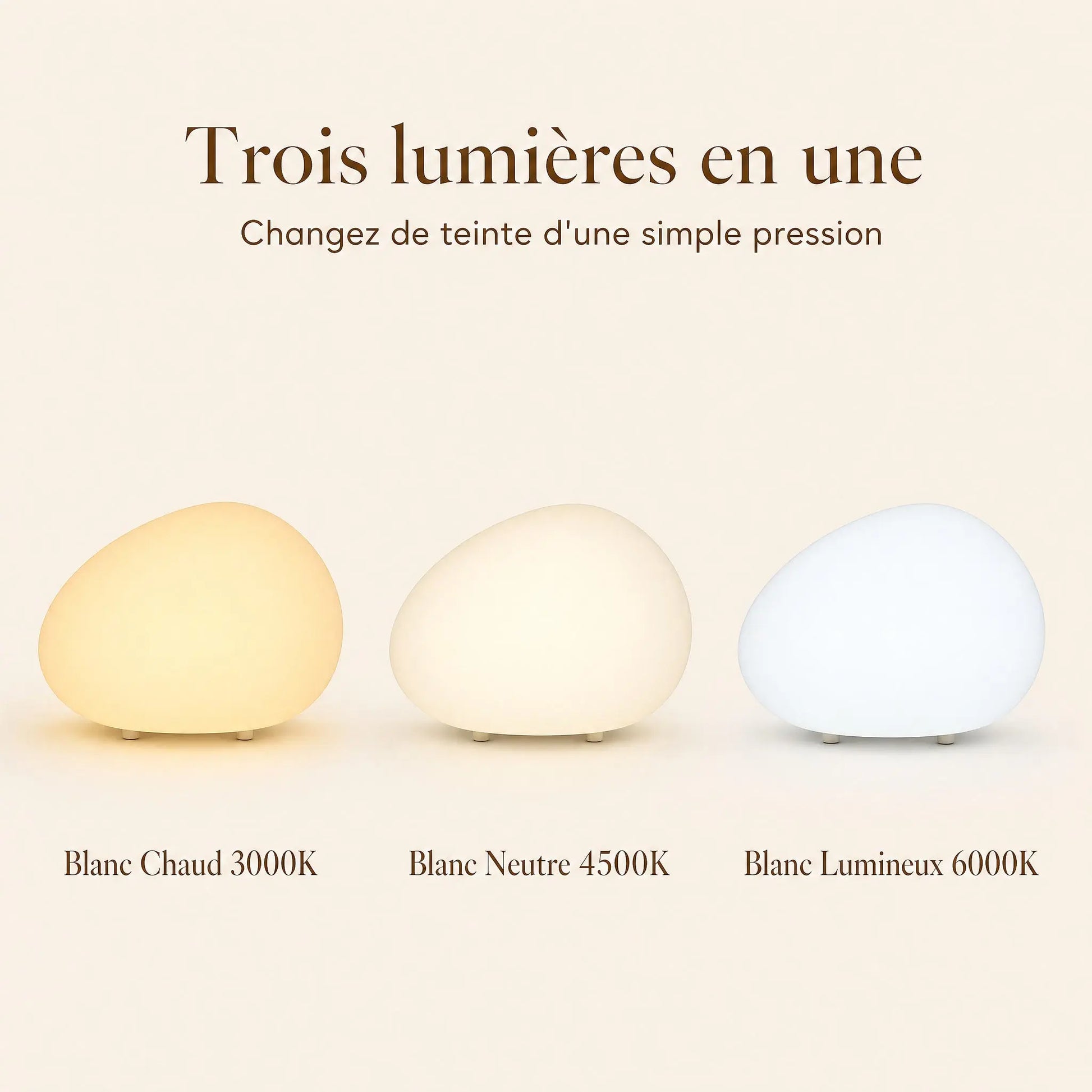 Les trois températures de lumière de la lampe Sassolia : blanc chaud, neutre et lumineux | Delvanie