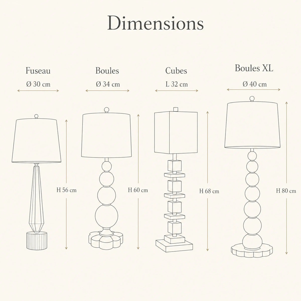 Dimensions des quatre silhouettes de la lampe Perlanya | Delvanie