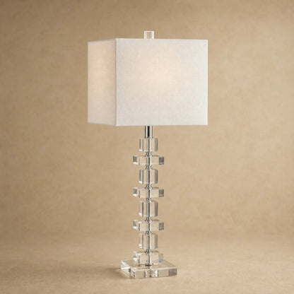 Lampe de chevet cristal Perlanya, colonne de cubes et abat-jour carré | Delvanie