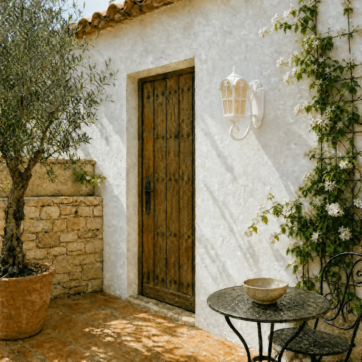 Lanterne murale extérieure blanche posée près d'une porte en bois sur un patio provençal | Delvanie