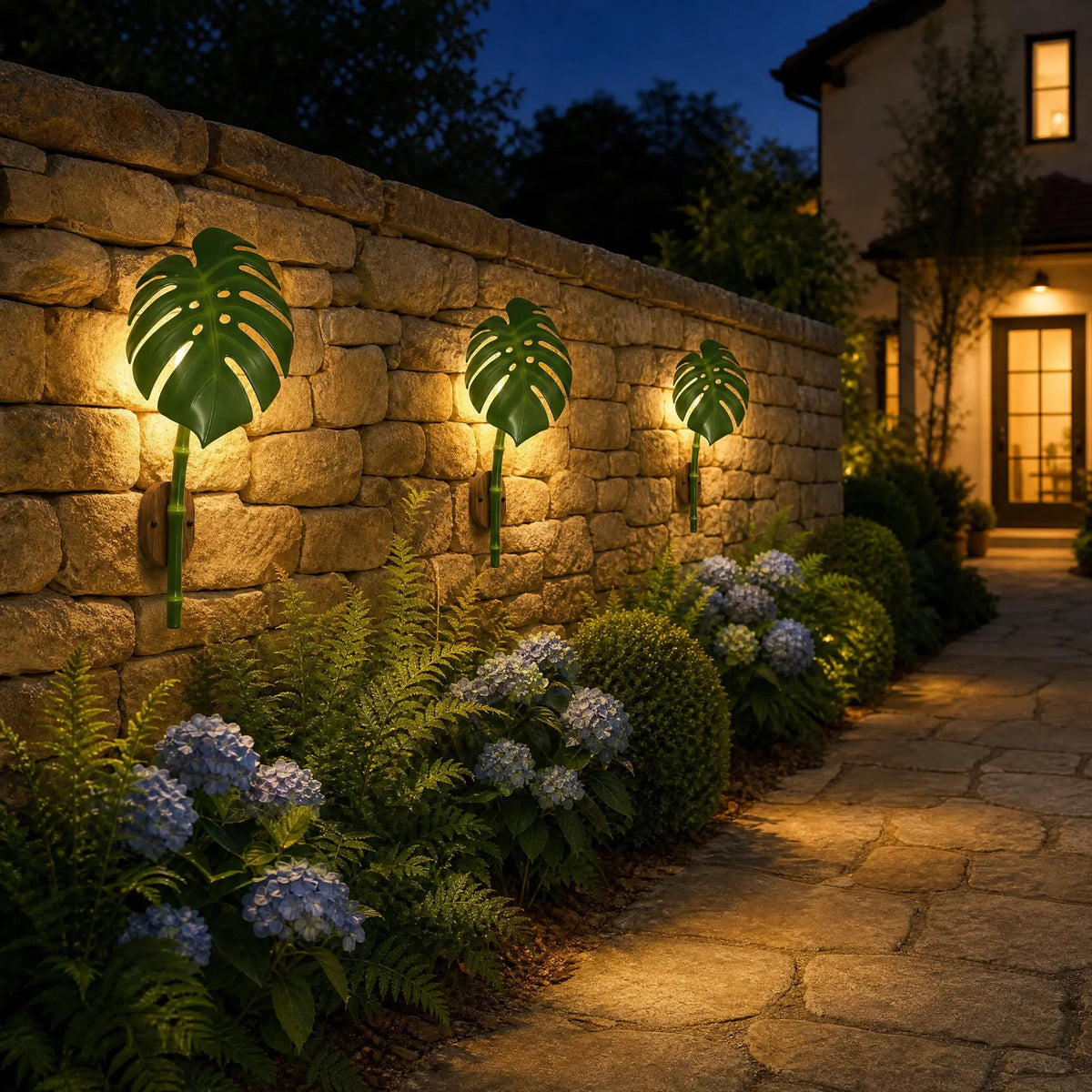 Trois appliques extérieures feuille de Monstera alignées et allumées le long d'un mur de jardin en pierre à la nuit tombante | Delvanie