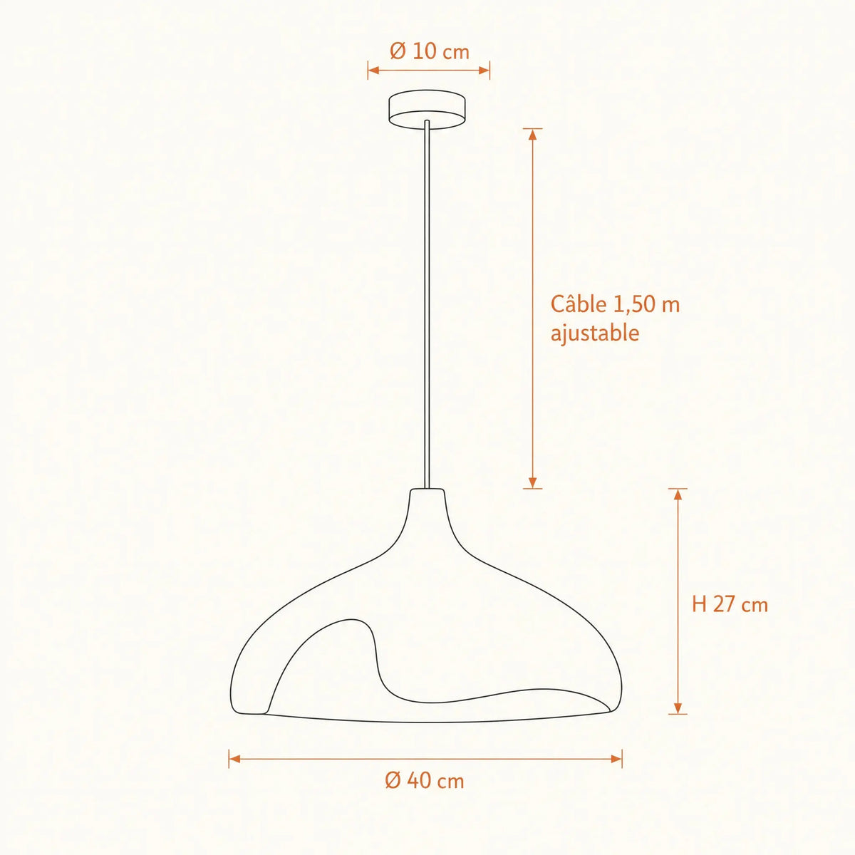 Schéma coté de la suspension Kanura, Ø 40 cm, hauteur 27 cm, câble ajustable 1,50 m | Delvanie