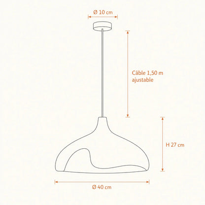 Schéma coté de la suspension Kanura, Ø 40 cm, hauteur 27 cm, câble ajustable 1,50 m | Delvanie