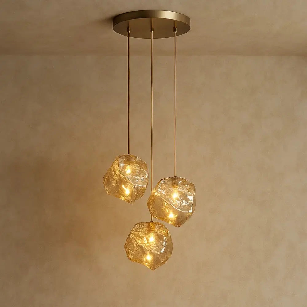 Suspension Luminaire Design - Halo Acrylique Raffiné | Luméor - Ambre à 3 têtes / Variation d'intensité par la tél |   Delvanie