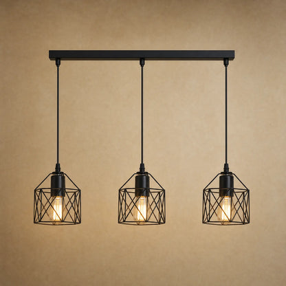 Lustre cuisine Feroya, trio de cages noires en fer, fond minéral beige | Delvanie