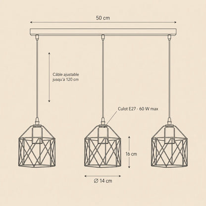 Schéma coté du lustre Feroya, barre 50 cm, cages Ø 14 cm, hauteur 16 cm, câble 120 cm | Delvanie