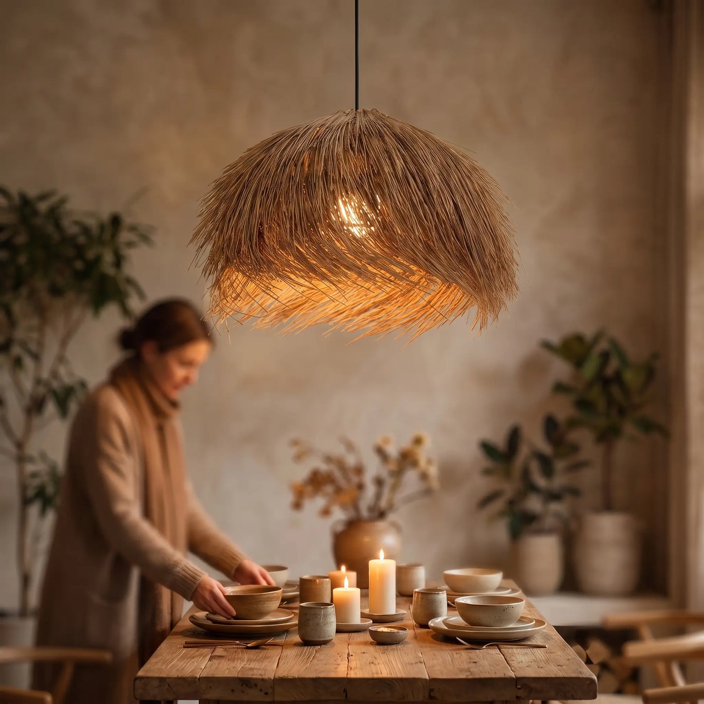 Lustre rotin wabi-sabi Wabéa, scène salle à manger