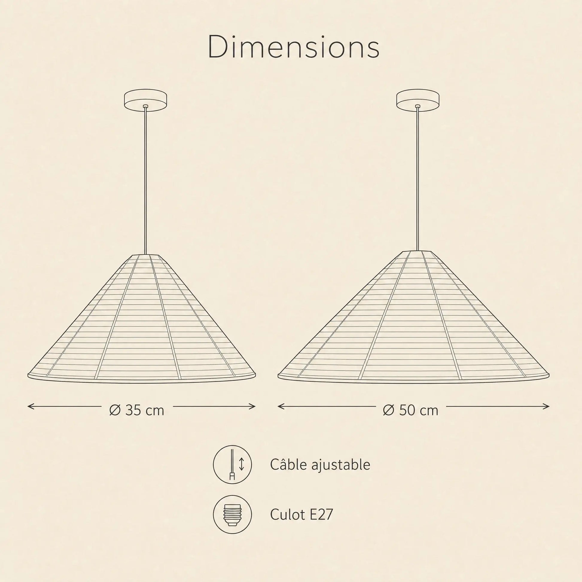 Dimensions du lustre papier de riz, O 35 et O 50 cm, culot E27 | Delvanie