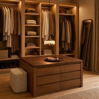 Petite suspension Aubine allumée au-dessus de l'îlot en noyer d'un dressing | Delvanie