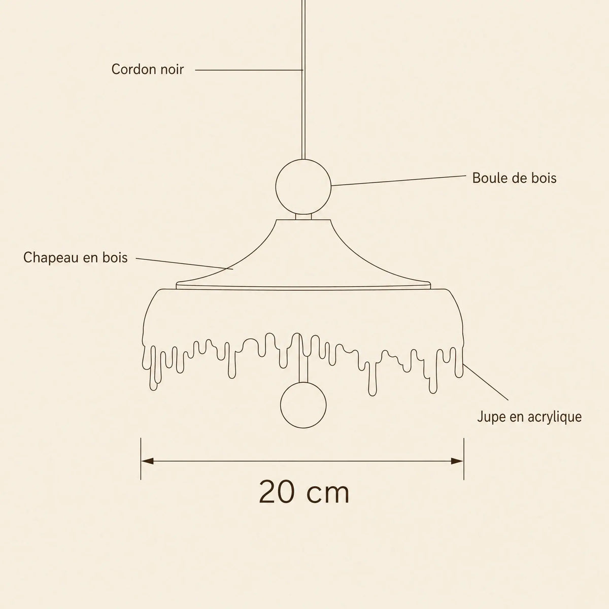 Schéma coté de la petite suspension Aubine, 20 cm de diamètre | Delvanie