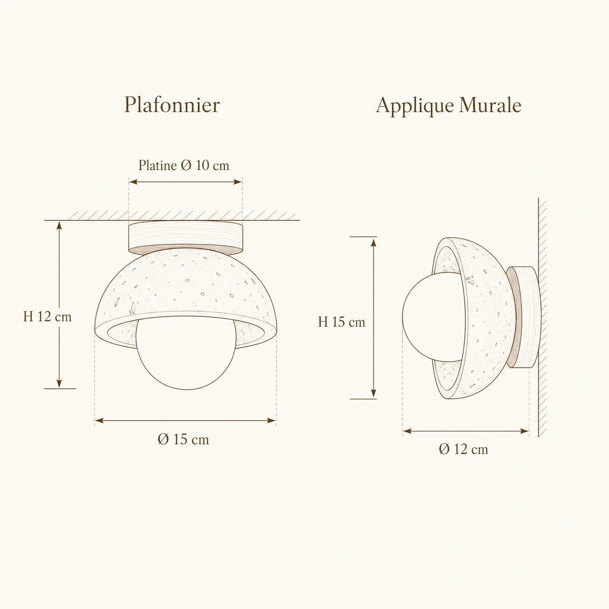 Schéma coté du luminaire Iwaléa : plafonnier Ø 15 cm H 12 cm, applique murale Ø 12 cm H 15 cm | Delvanie