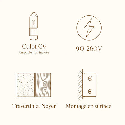 Caractéristiques du luminaire Iwaléa : culot G9, 90-260V, travertin et noyer, montage en surface | Delvanie