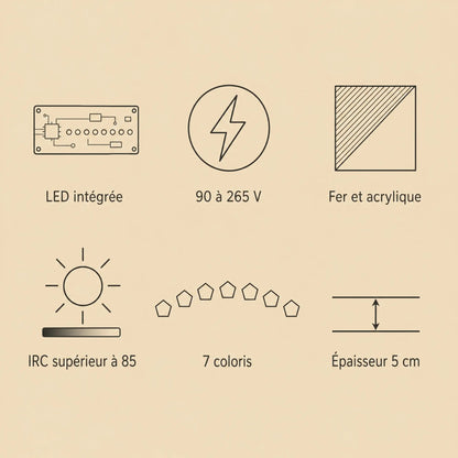 Caractéristiques du plafonnier plat, LED intégrée, 90 à 265 V et sept coloris | Delvanie