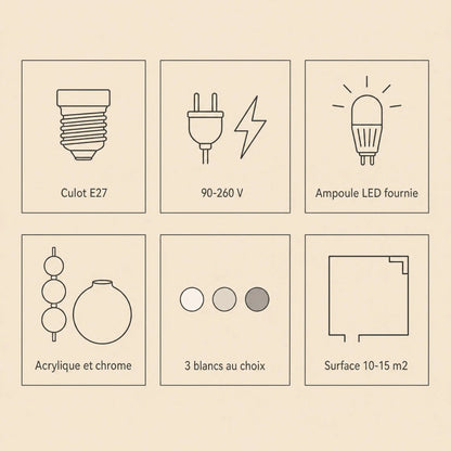Caractéristiques de la suspension art déco, culot E27, voltage et ampoule LED fournie | Delvanie