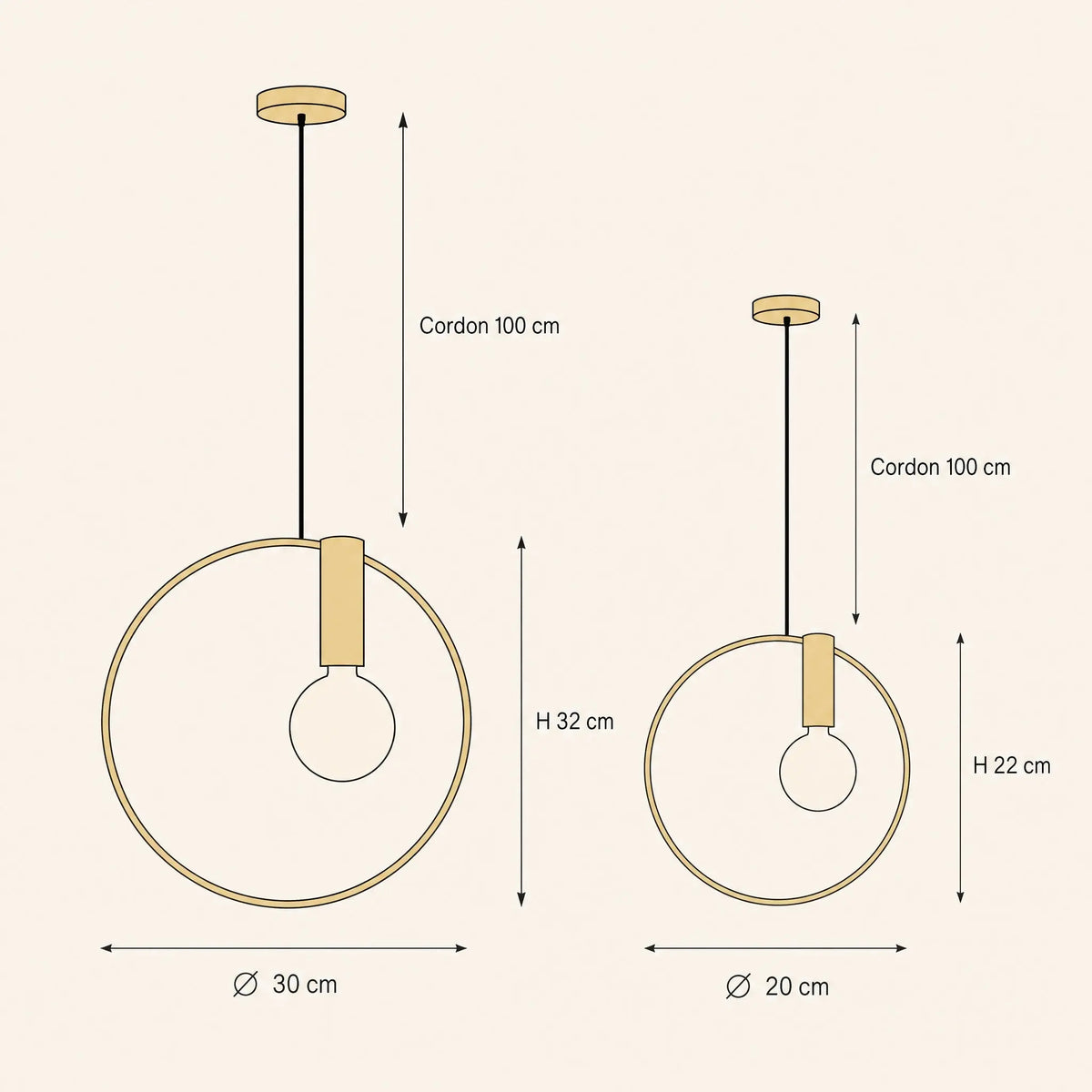 Dimensions de la suspension chevet Miralto, Ø 30 cm et Ø 20 cm | Delvanie