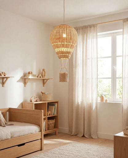 Suspension enfant rotin montgolfière LED dimmable Ballora, suspendue dans une chambre lumineuse le jour