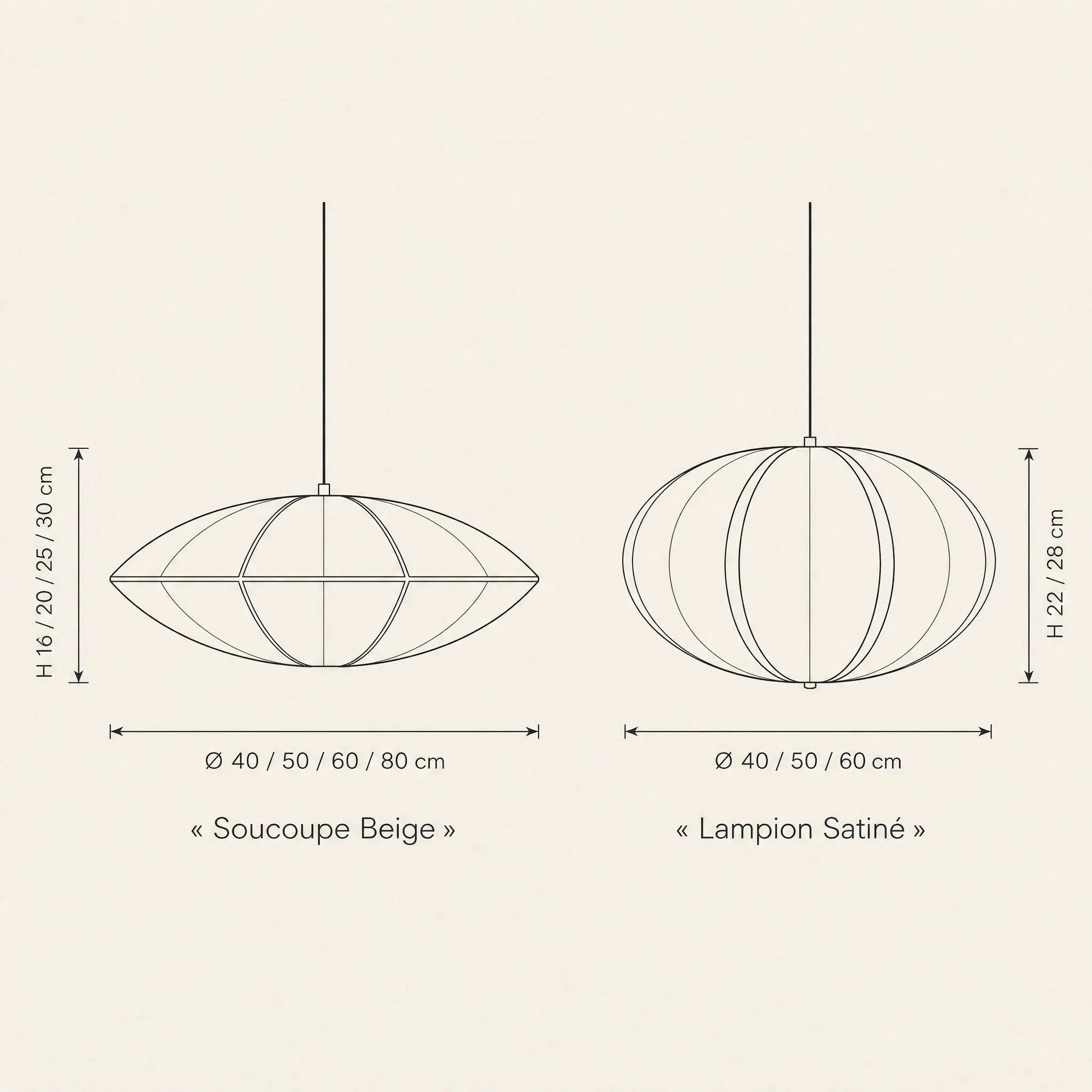 Schéma coté de la suspension japonaise Sétaya, formes Soucoupe Beige et Lampion Satiné | Delvanie