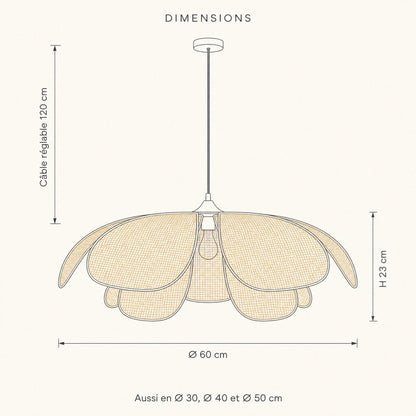Schéma coté de la suspension en osier Hanomi, Ø 60 cm et câble réglable 120 cm | Delvanie